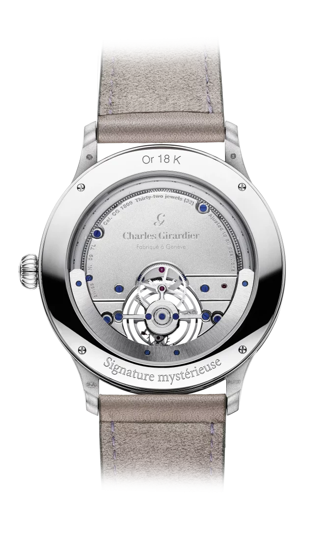 Photo de dos du modèle Charles Girardier CG-1809 41/1WG, cadran Chromium Grey, dévoilant le Calibre CG SM-1809